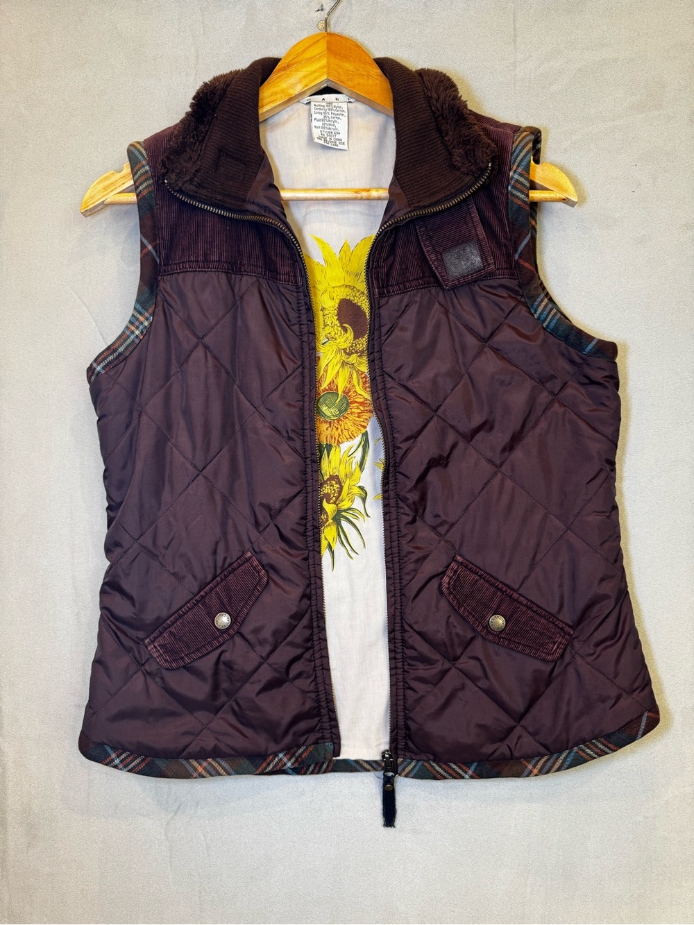 CAbi Quilted Vest M Brown Corduroy Plaid Faux Fur Collar Sunflower Lined #534
